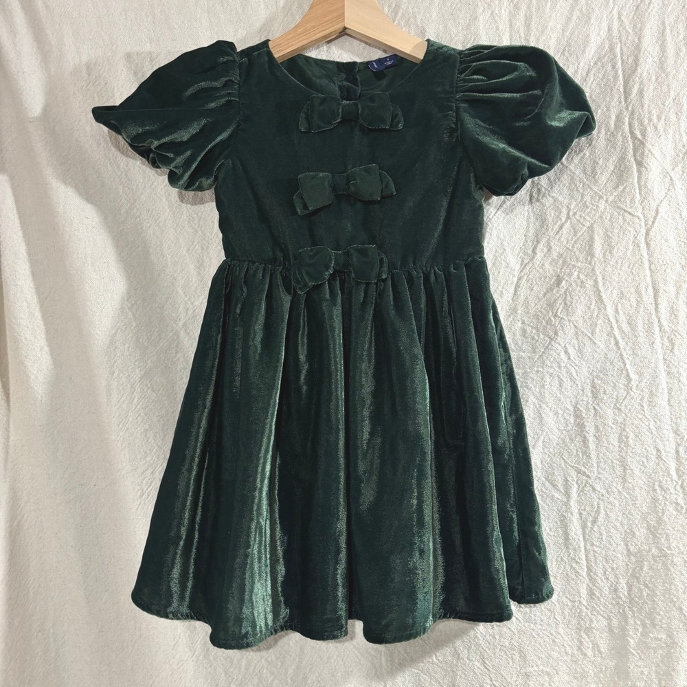 Janie and Jack Girls Green Velvet Bow Puff Sleeve Holiday Dress Size 4